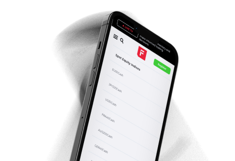 IronFXロゴとインデックスが特色のモバイルアプリ。ニュースや金融市場の最新情報を常にチェックできます。