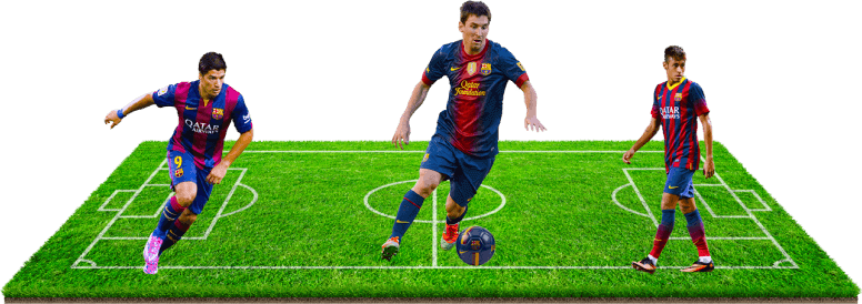 サッカーボールと一緒にフィールド上に立つ3人のサッカー選手。